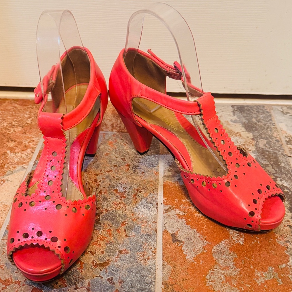 Sassy Chase + Chloe Vibrant Deep Coral Cutout Heels!